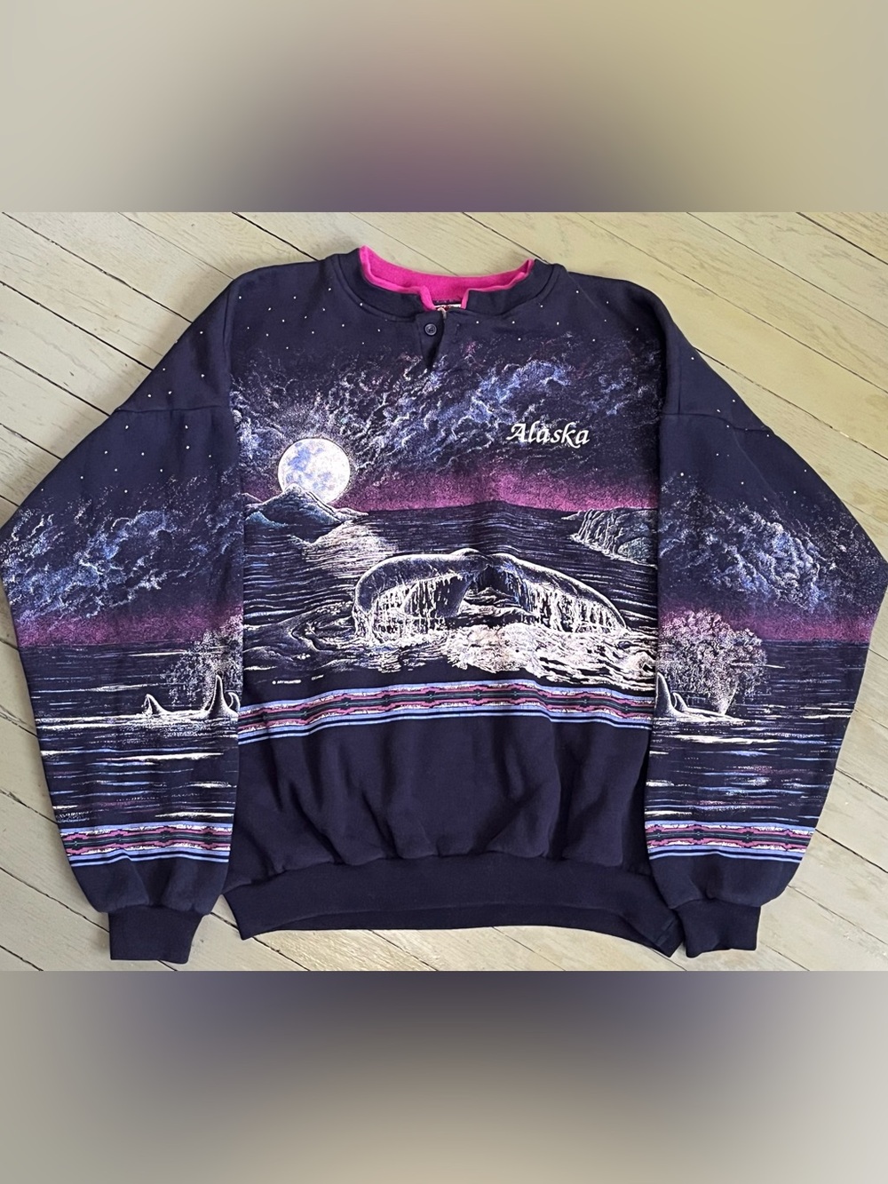 Vtg Art Unlimited Alaska Whale Sweatshirt XL All Over Print Ocean Scenic 90s